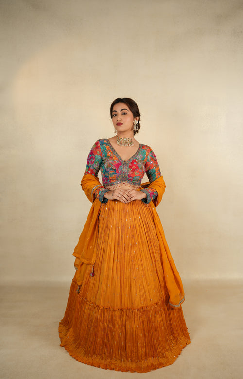 Multicolor Embroidered Choli with Mustard Yellow Lehenga Set