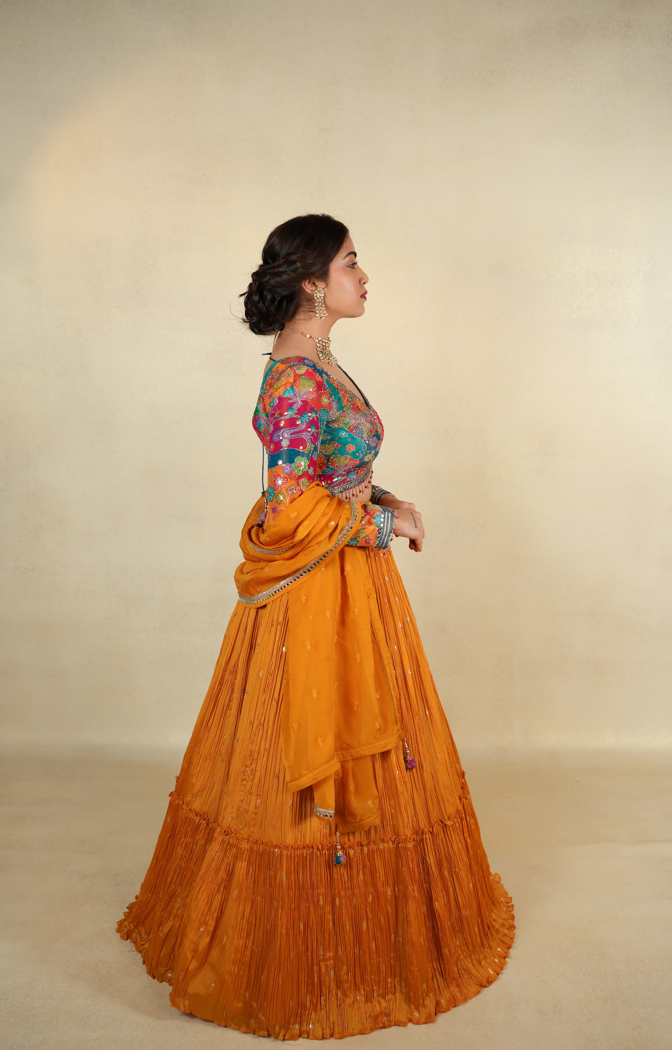 Multicolor Embroidered Choli with Mustard Yellow Lehenga Set