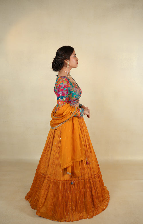 Multicolor Embroidered Choli with Mustard Yellow Lehenga Set