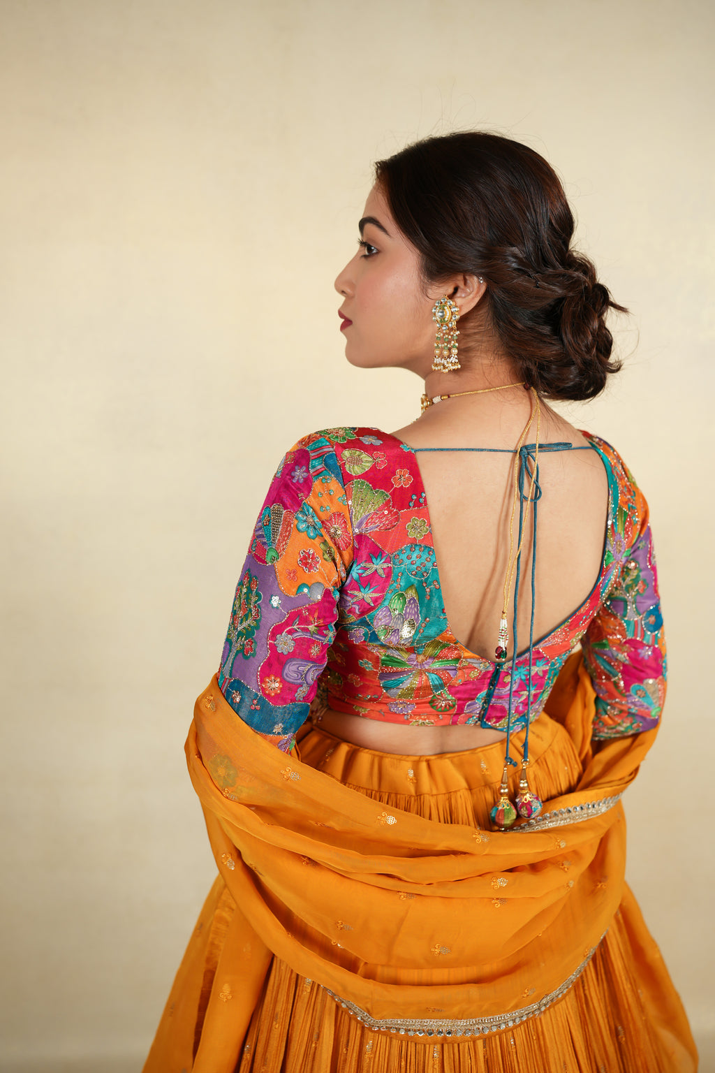 Multicolor Embroidered Choli with Mustard Yellow Lehenga Set