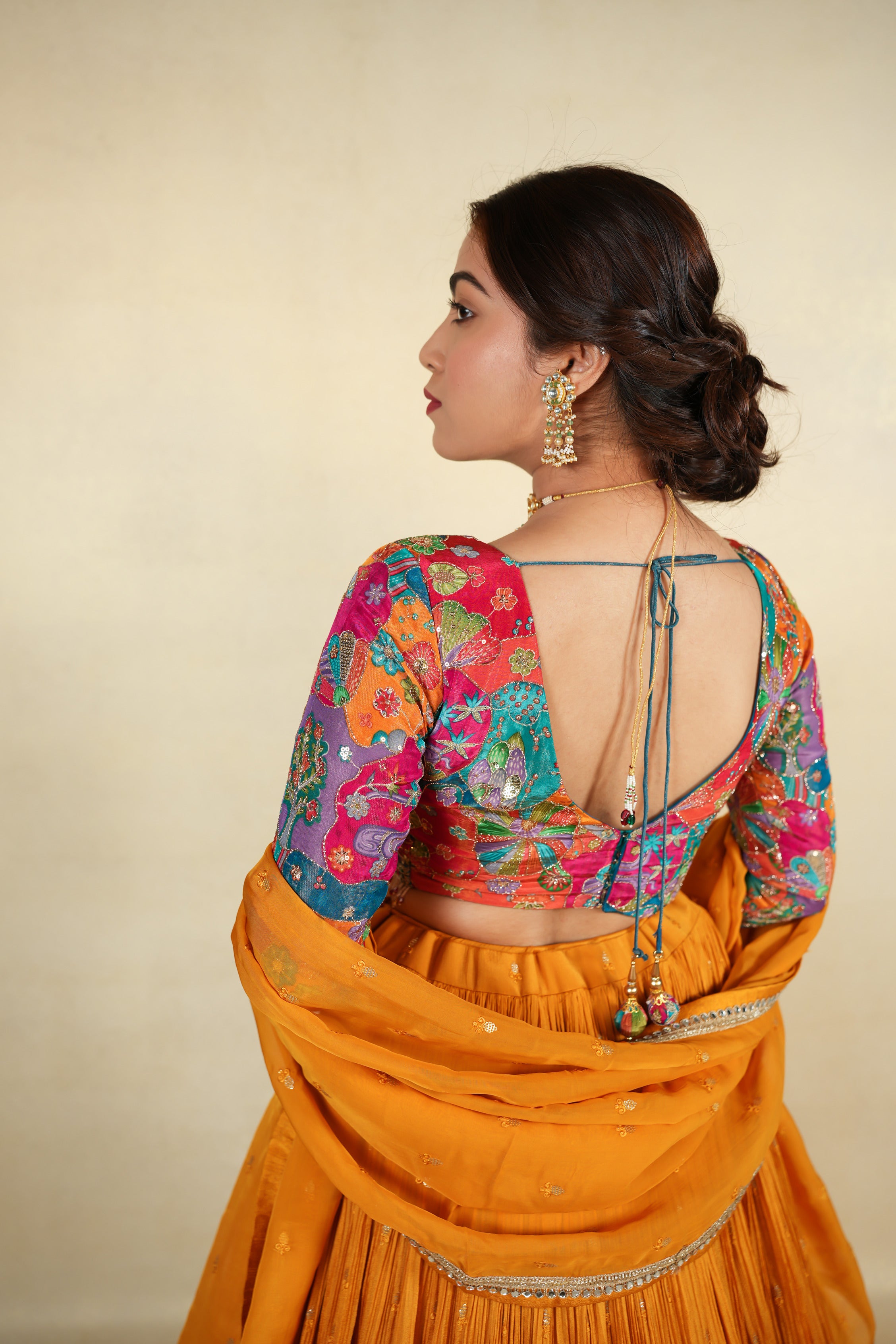 Multicolor Embroidered Choli with Mustard Yellow Lehenga Set