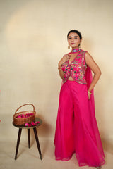 Elegant Pink Embroidered Jacket with Palazzo Set