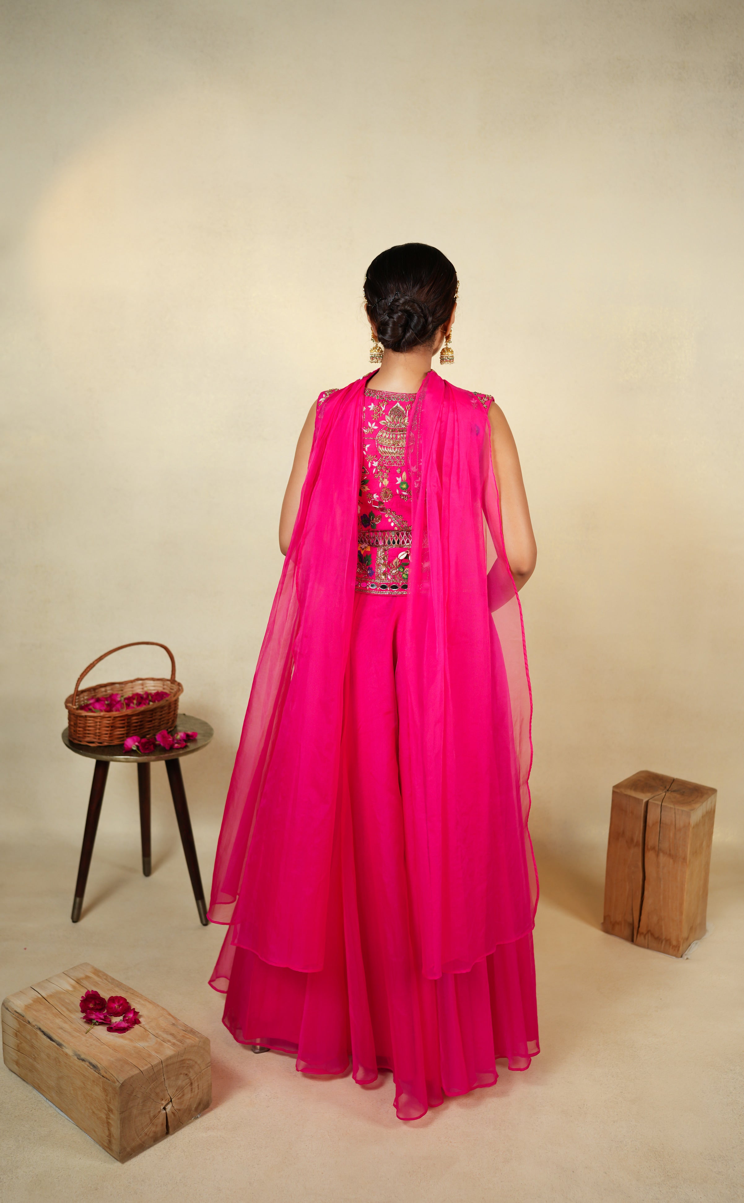 Elegant Pink Embroidered Jacket with Palazzo Set