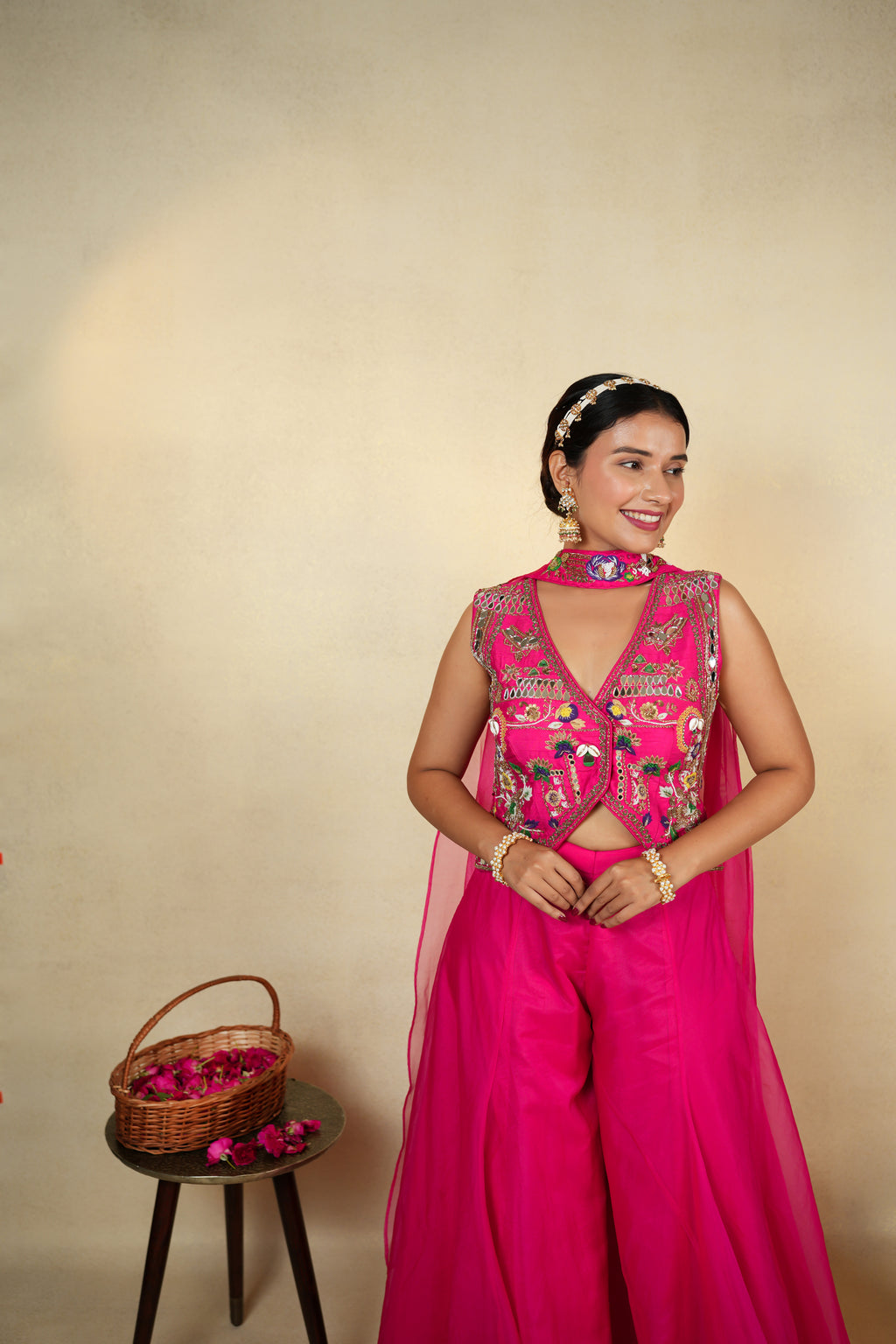 Elegant Pink Embroidered Jacket with Palazzo Set