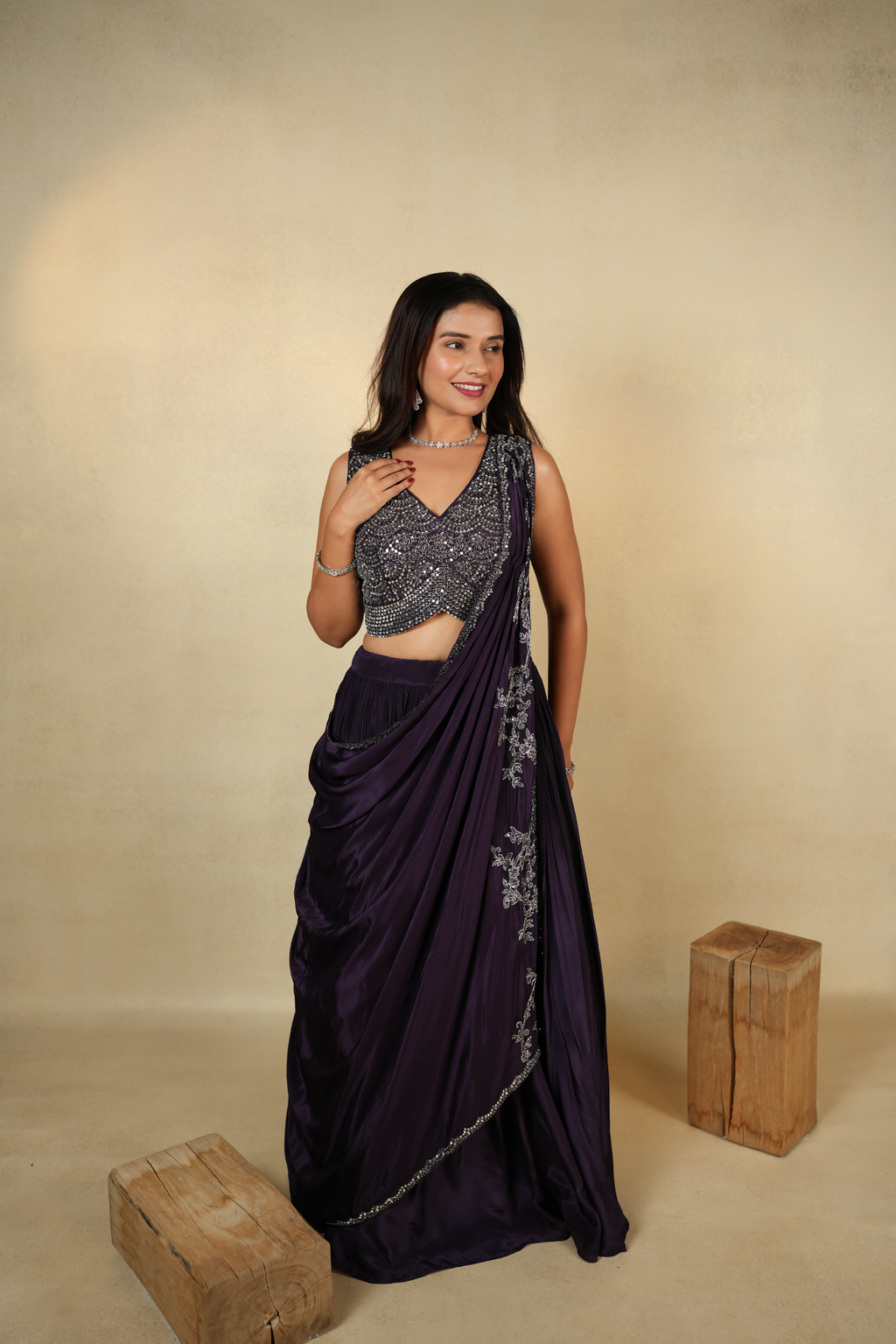 Exquisite Deep Purple Cape Saree Ensemble