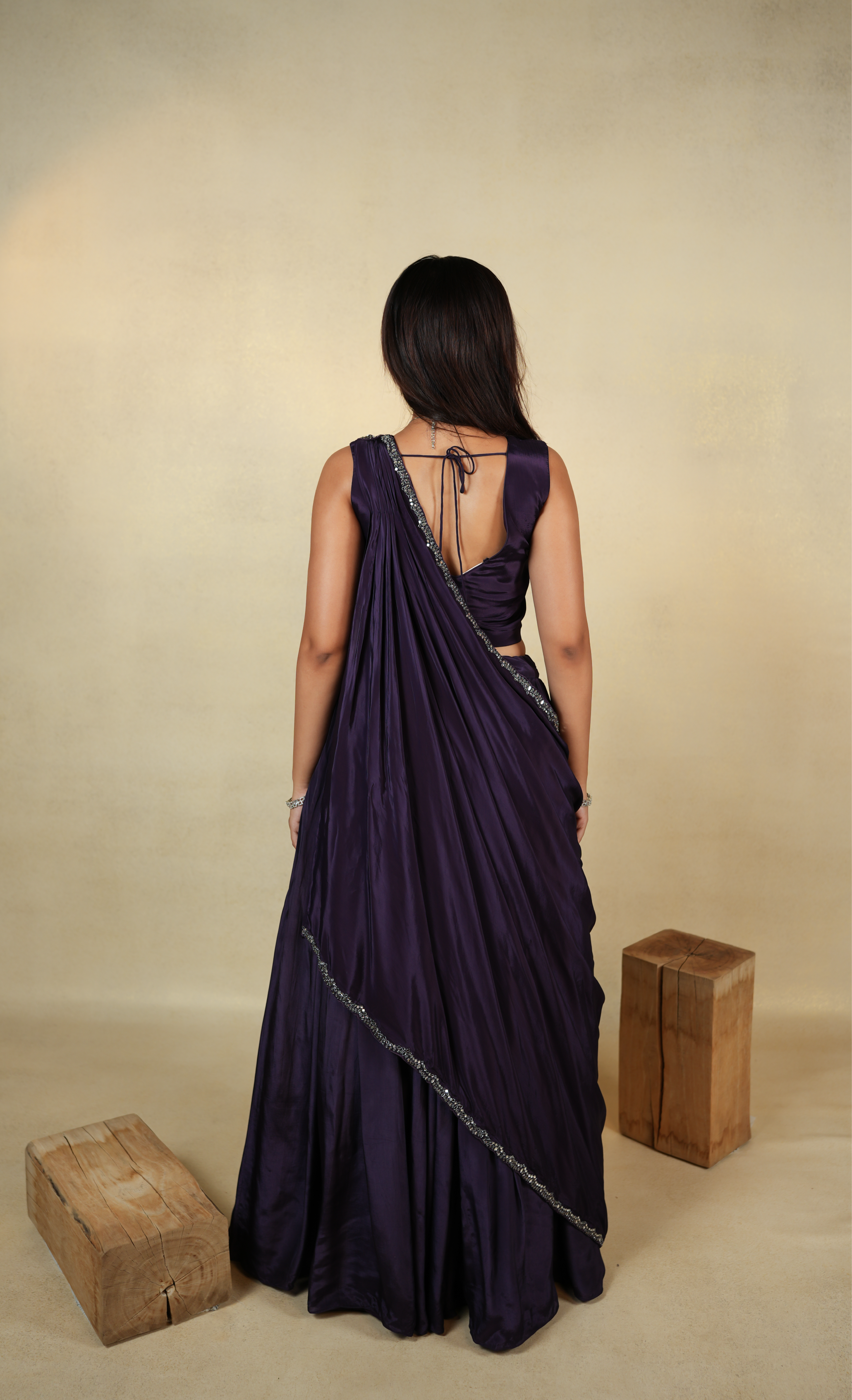 Exquisite Deep Purple Cape Saree Ensemble