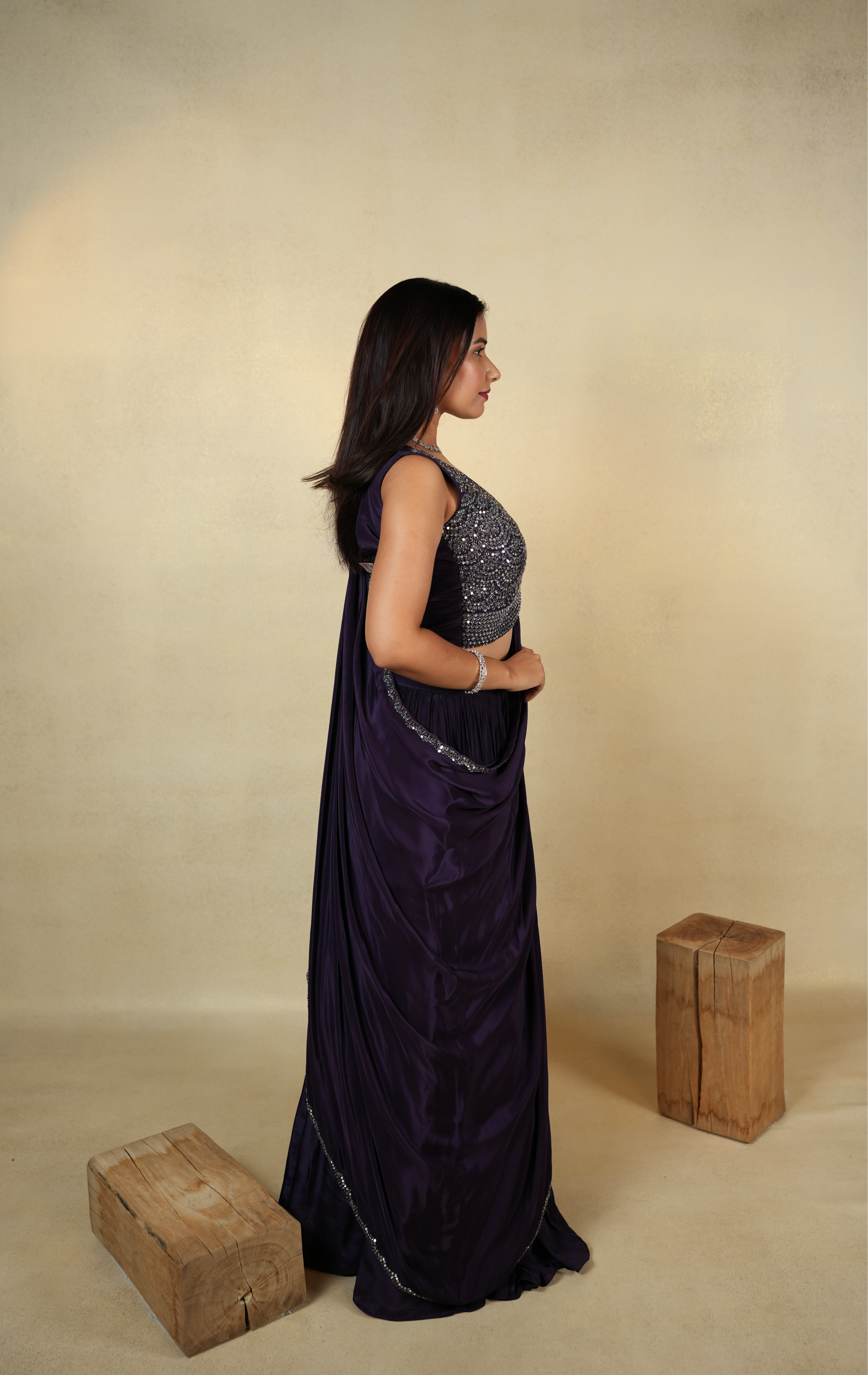 Exquisite Deep Purple Cape Saree Ensemble