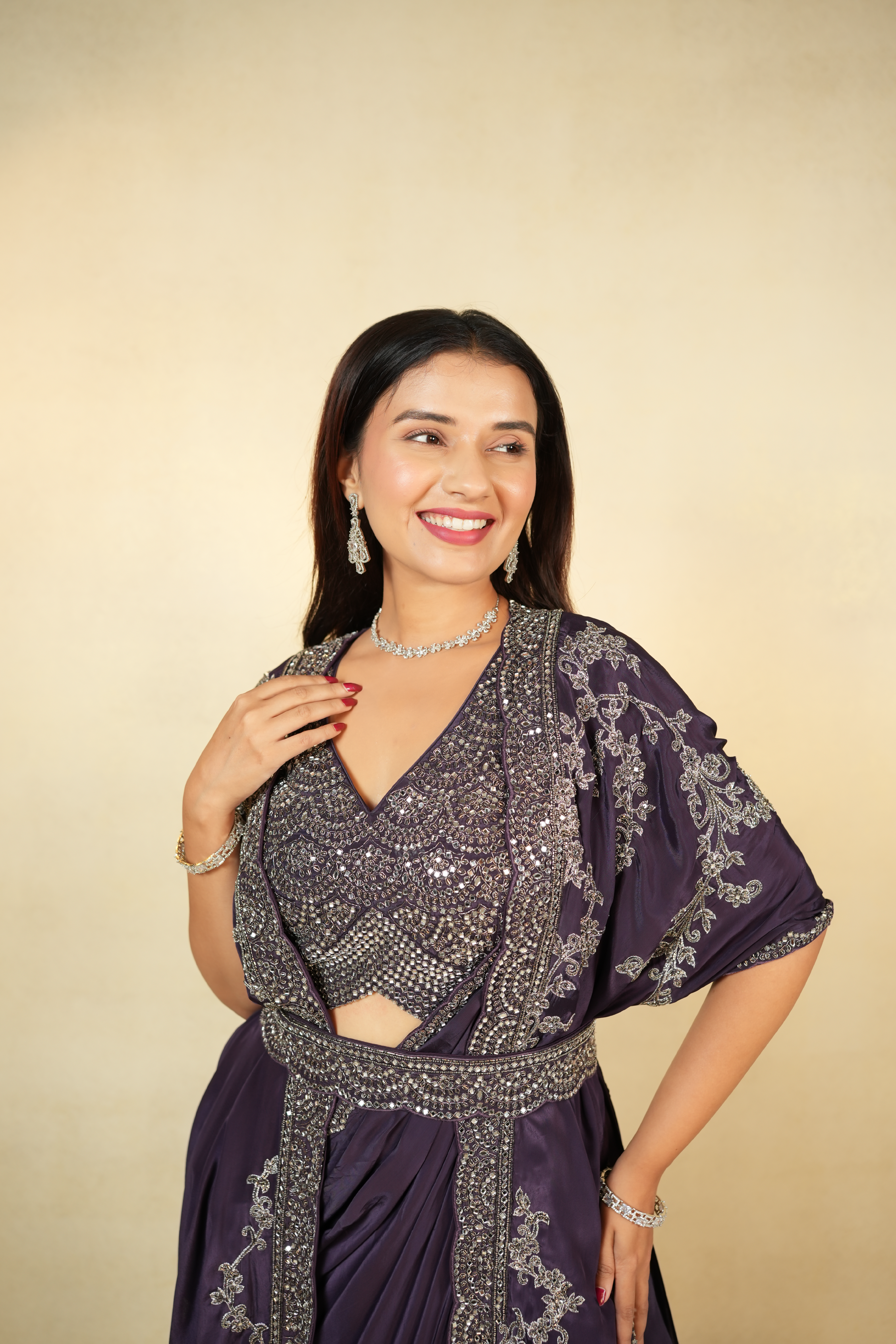 Exquisite Deep Purple Cape Saree Ensemble