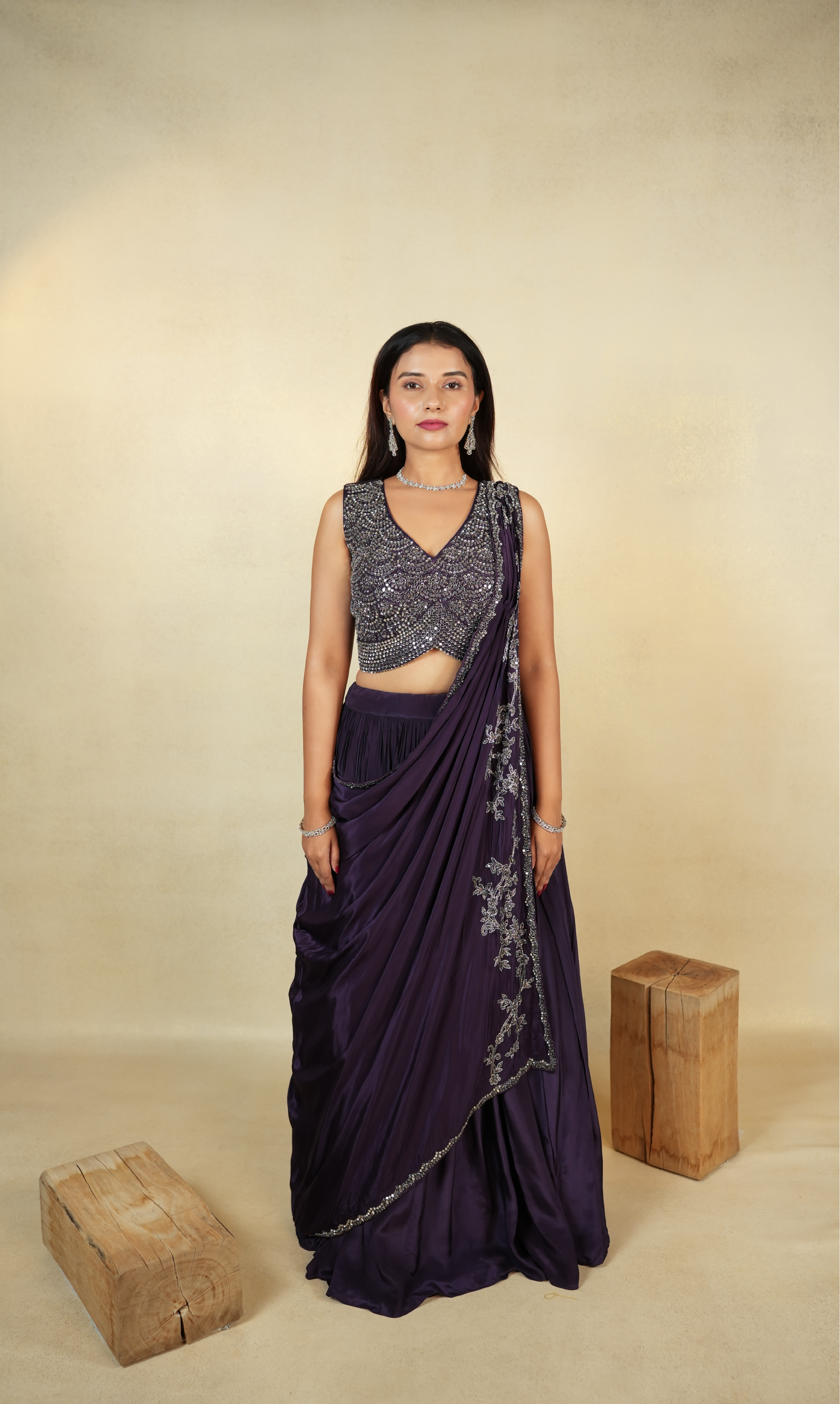 Exquisite Deep Purple Cape Saree Ensemble