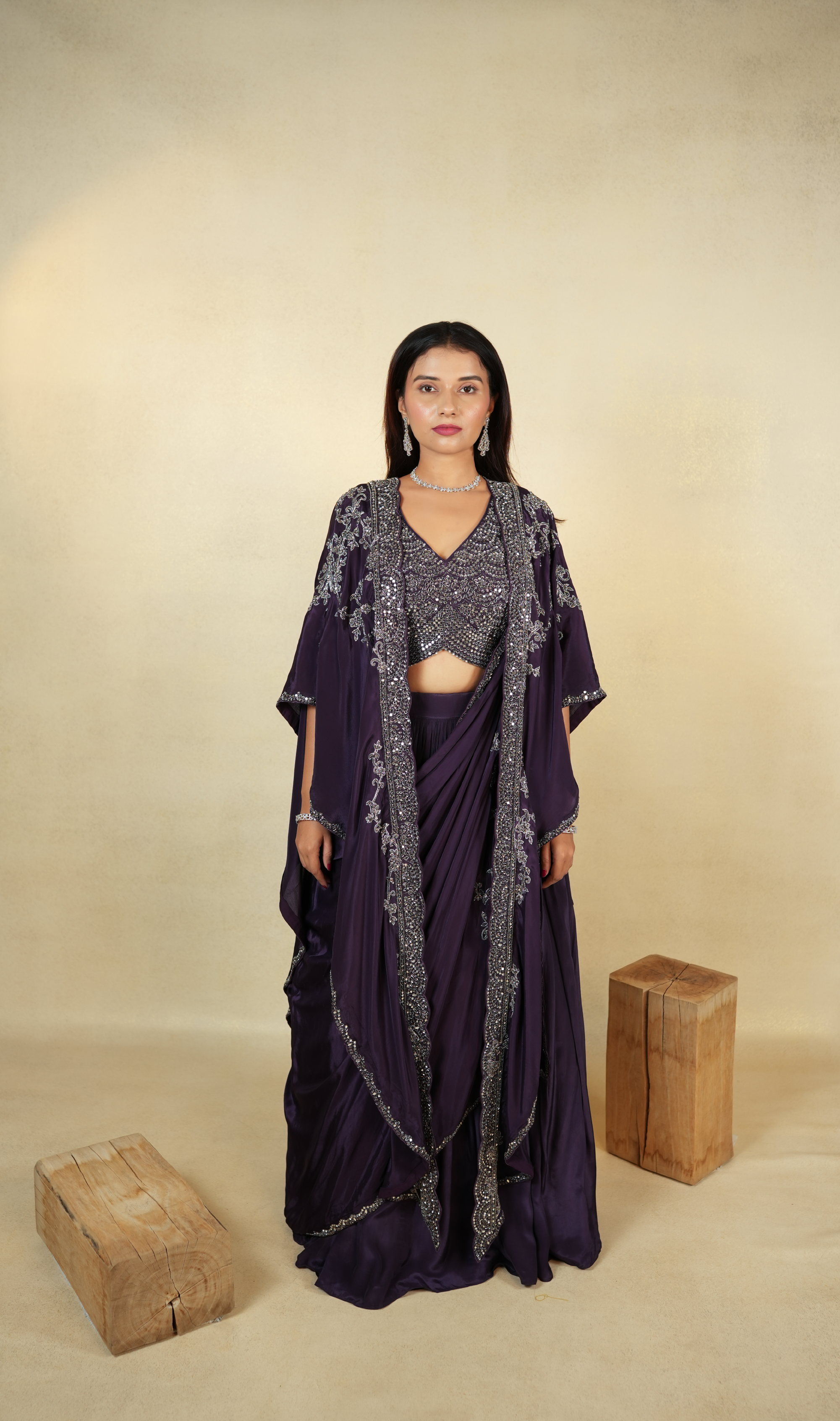 Exquisite Deep Purple Cape Saree Ensemble