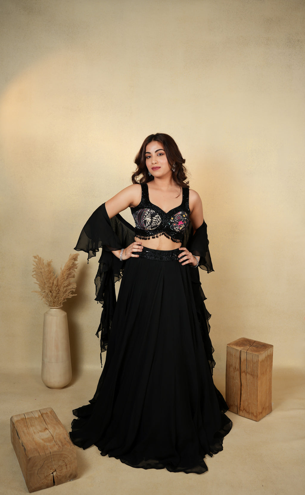 Exquisite Black Embroidered Crop Top with Skirt Set