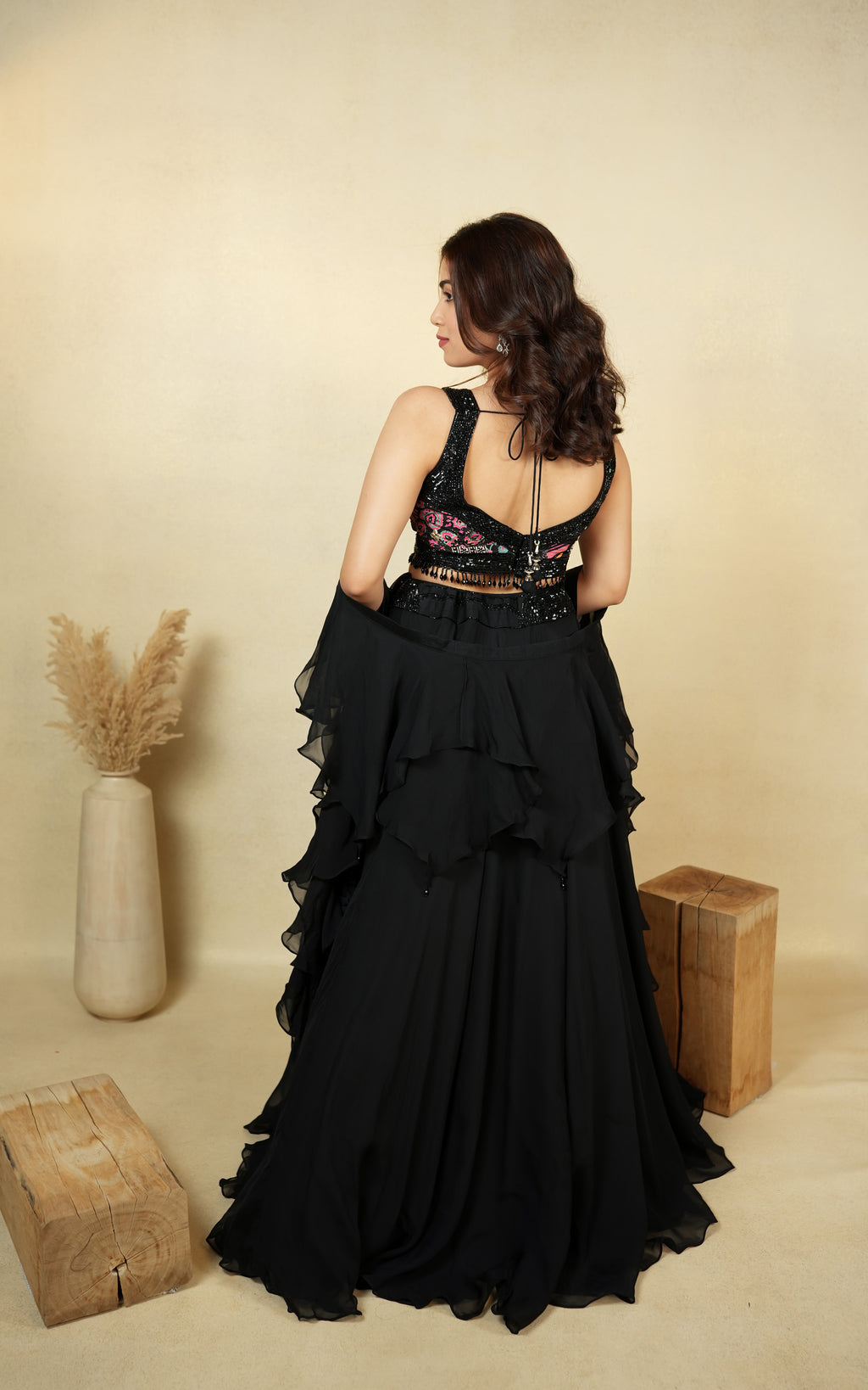 Exquisite Black Embroidered Crop Top with Skirt Set