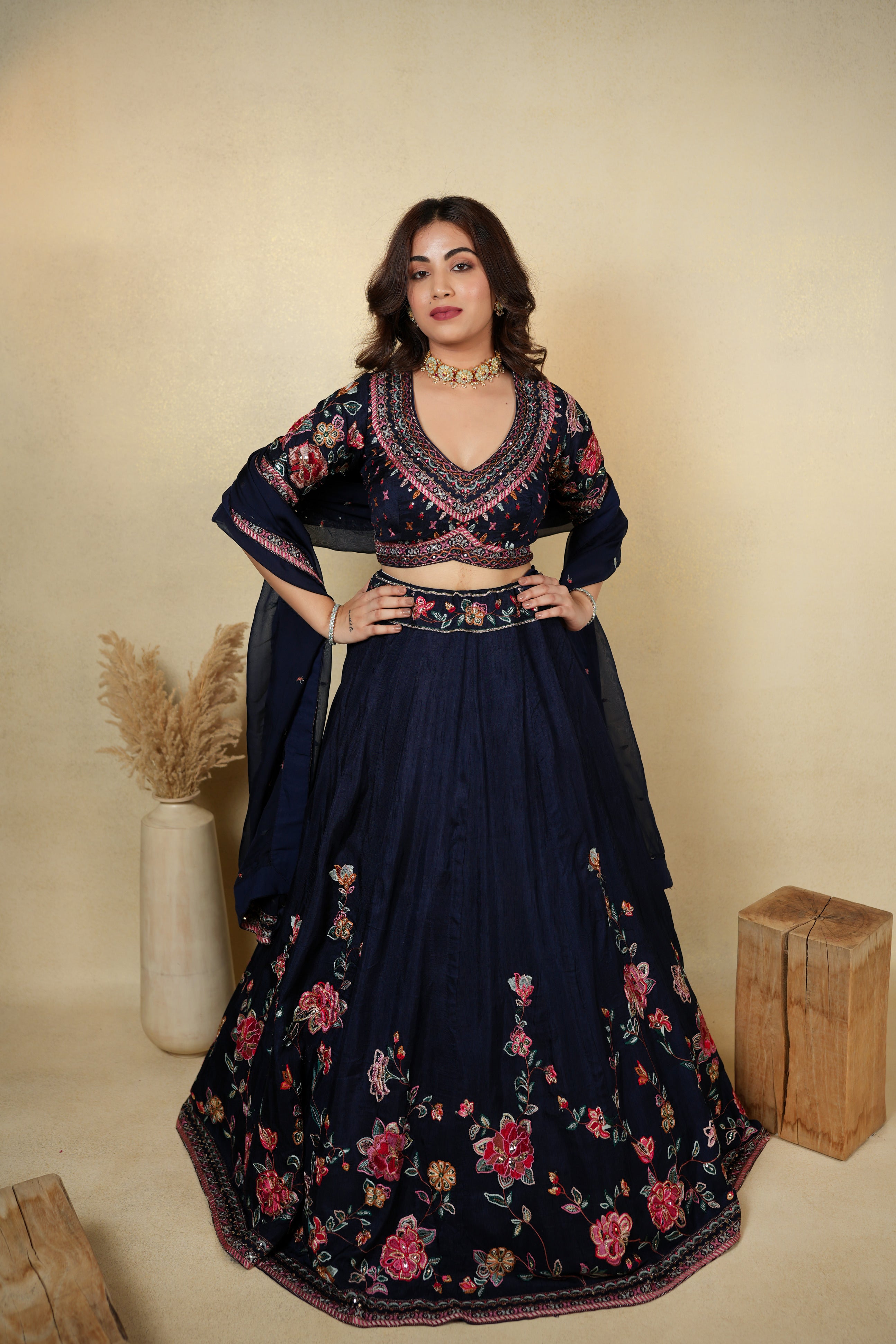Elegant Navy Blue Floral Embroidered Lehenga Choli