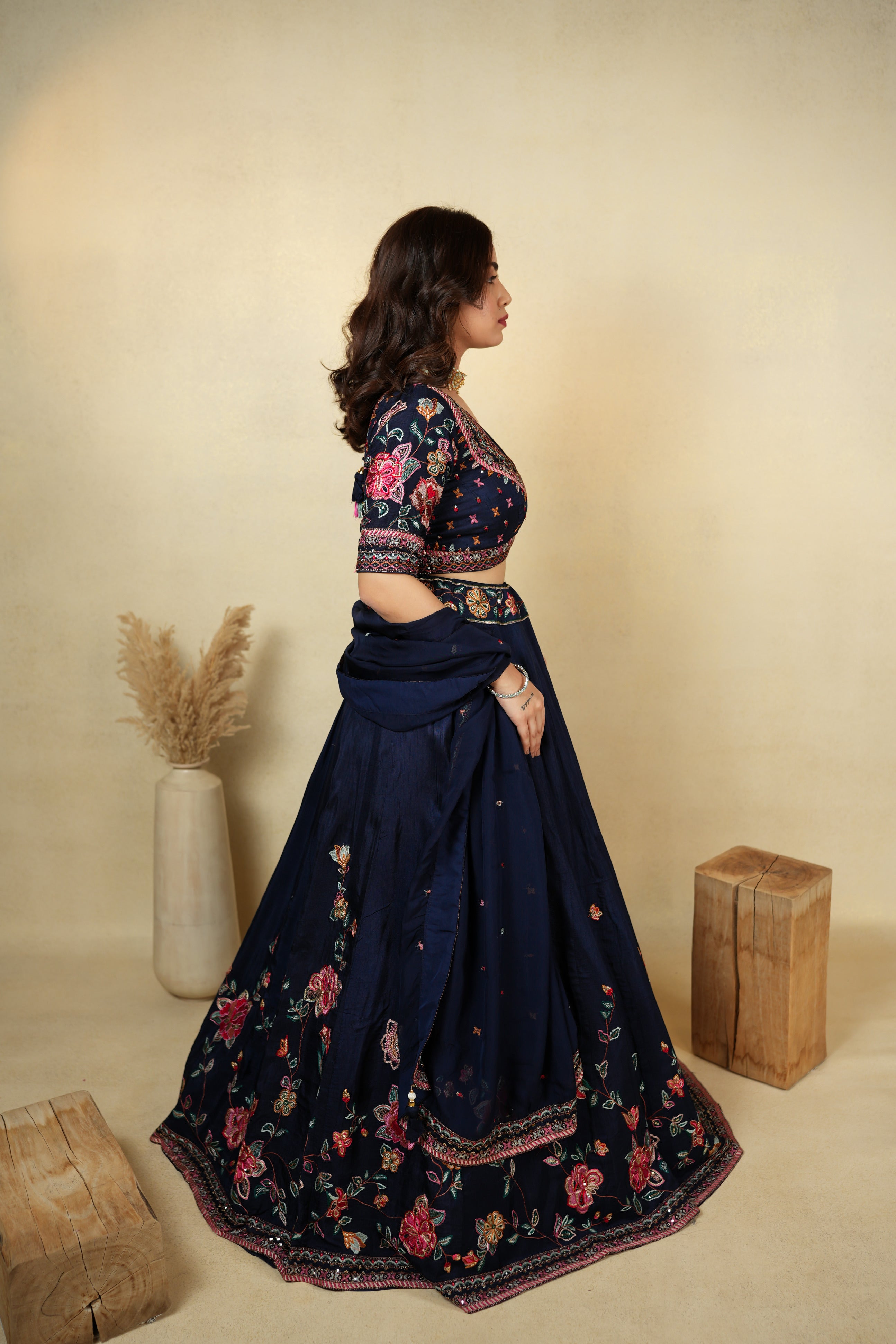 Elegant Navy Blue Floral Embroidered Lehenga Choli