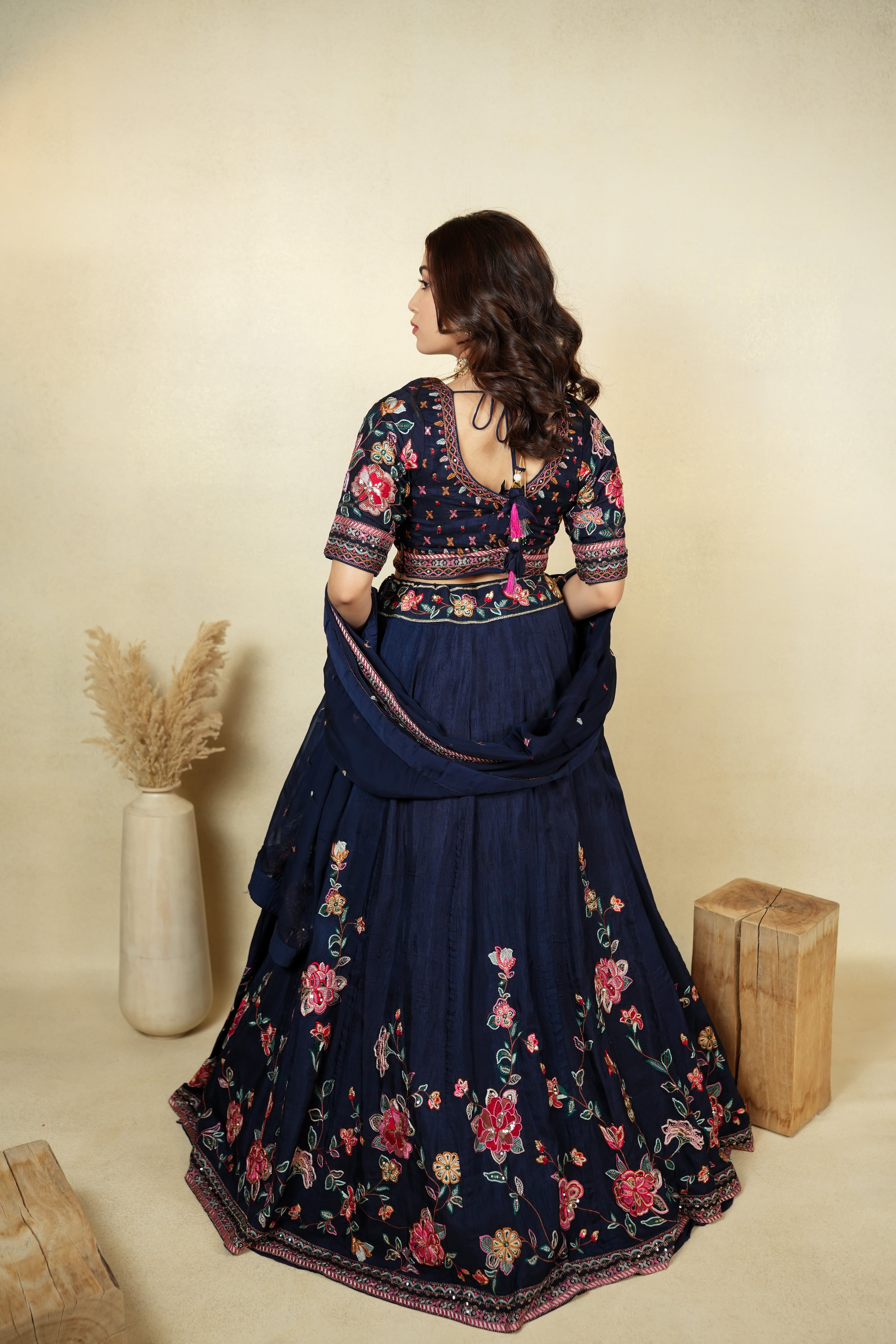 Elegant Navy Blue Floral Embroidered Lehenga Choli