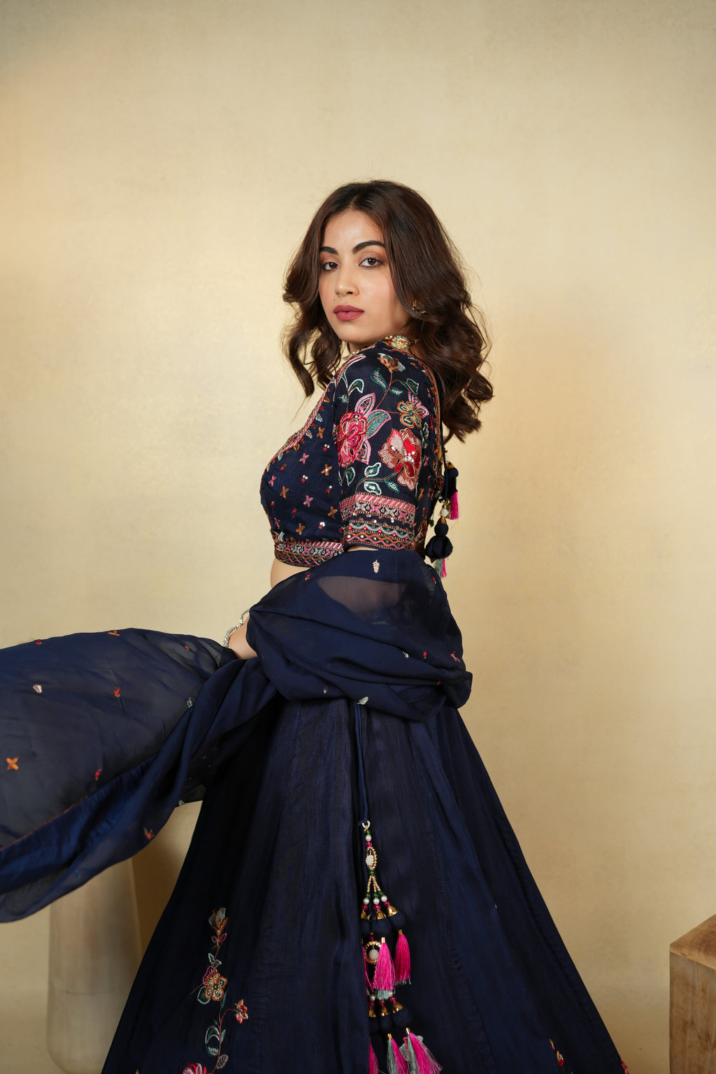 Elegant Navy Blue Floral Embroidered Lehenga Choli