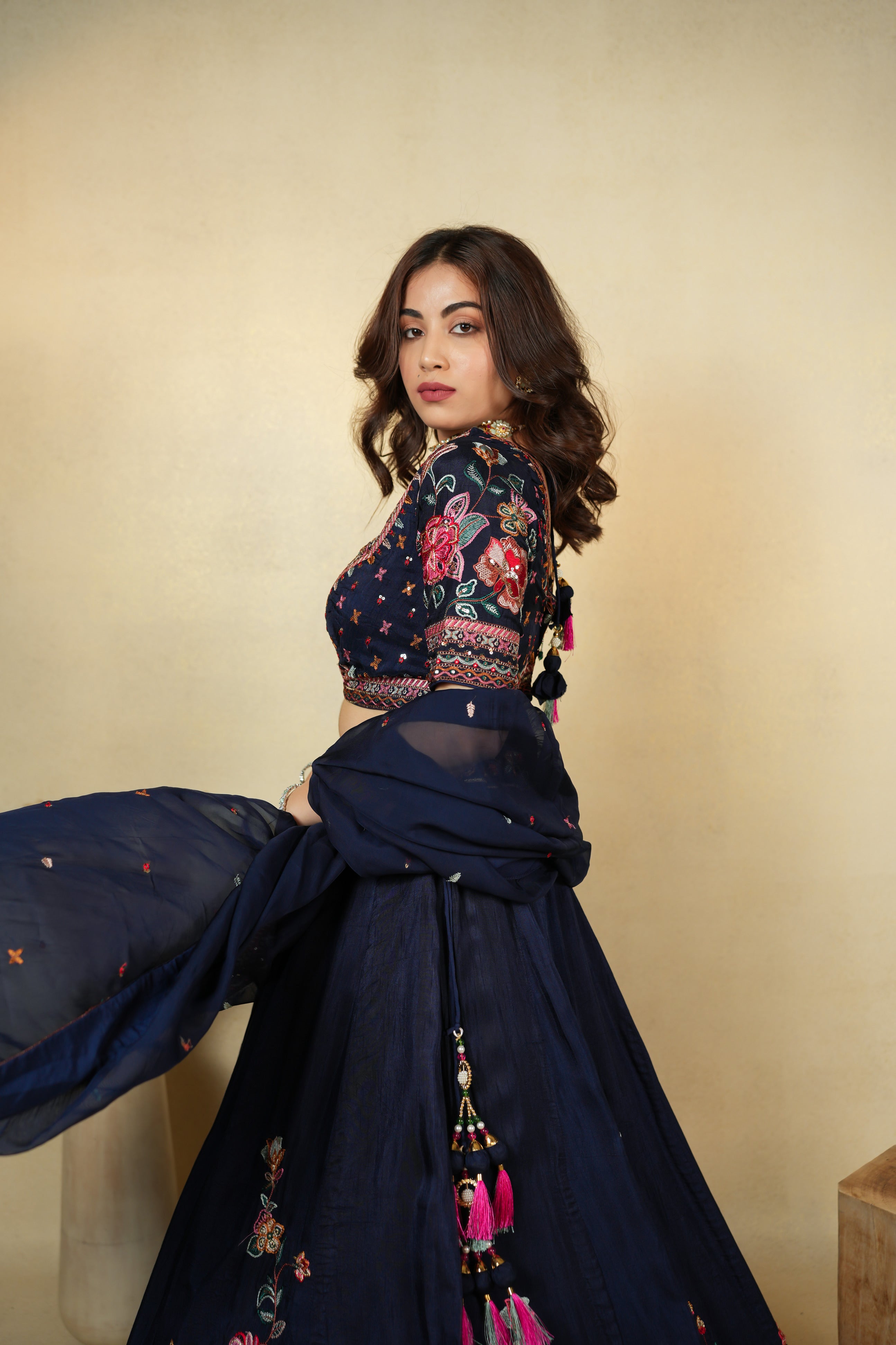 Elegant Navy Blue Floral Embroidered Lehenga Choli