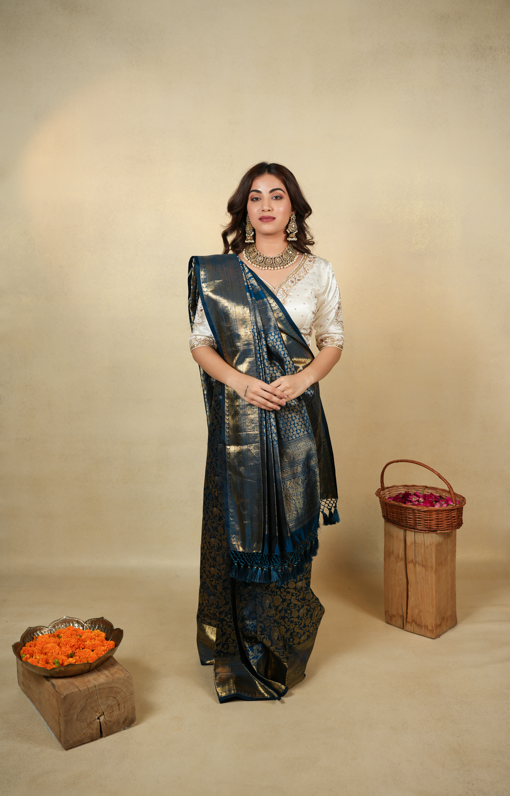 Elegant Teal Blue and Gold Banarasi Silk Saree