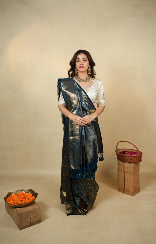 Elegant Teal Blue and Gold Banarasi Silk Saree