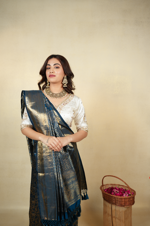 Elegant Teal Blue and Gold Banarasi Silk Saree