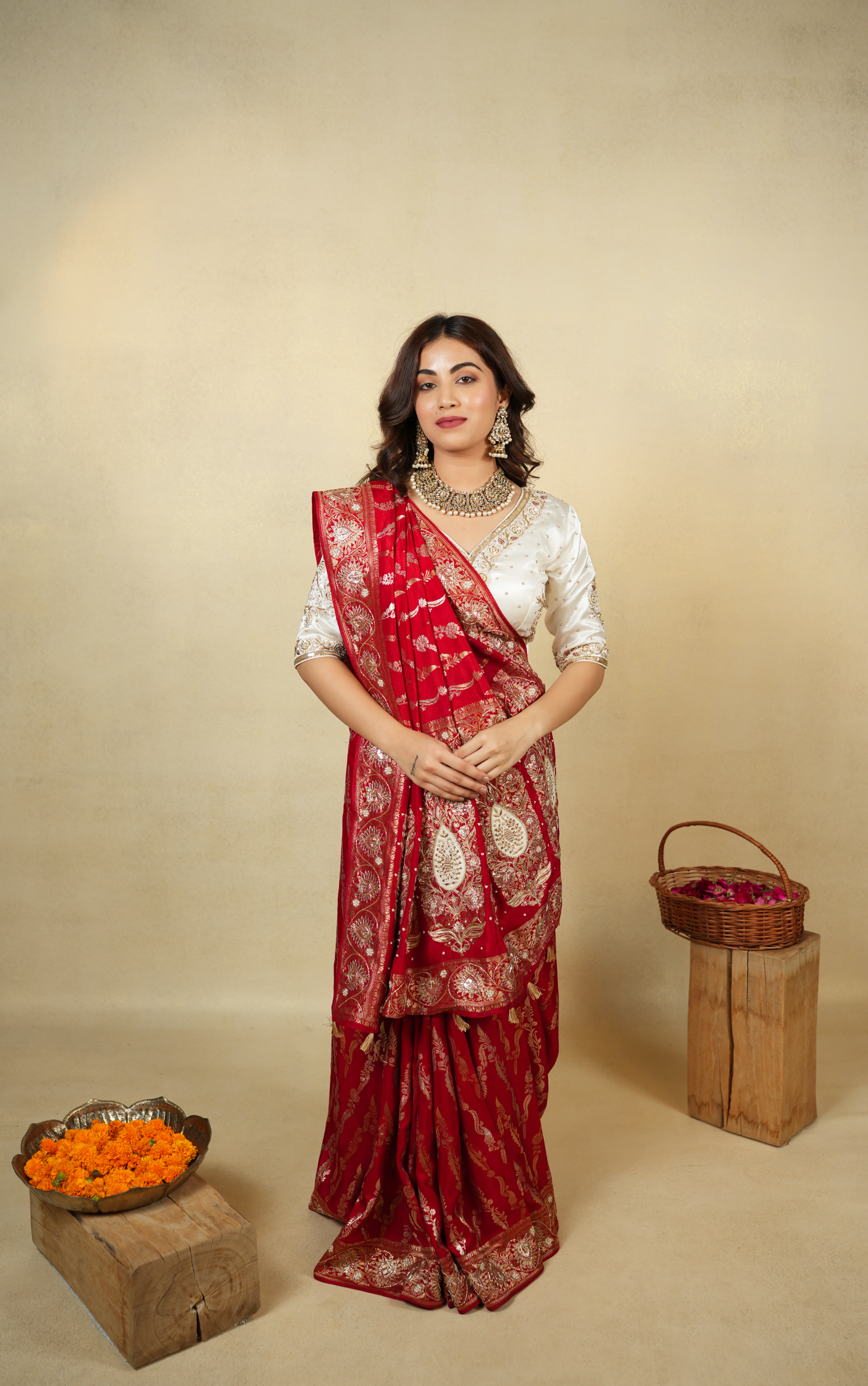 Premium Banarasi Silk Rich Red with Golden Zari Work
