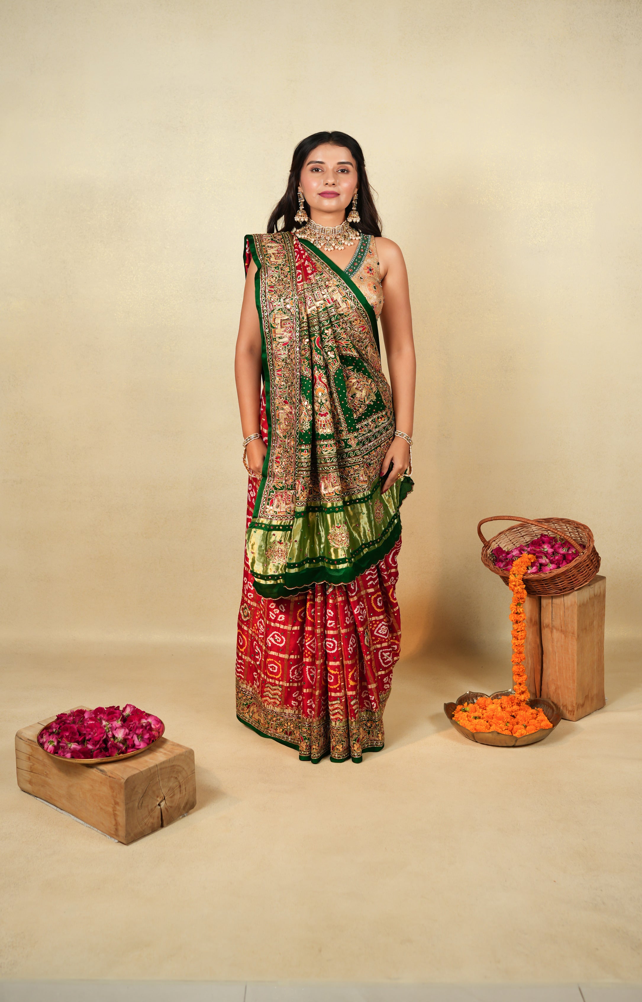 Exquisite Red and Green Bandhani saree