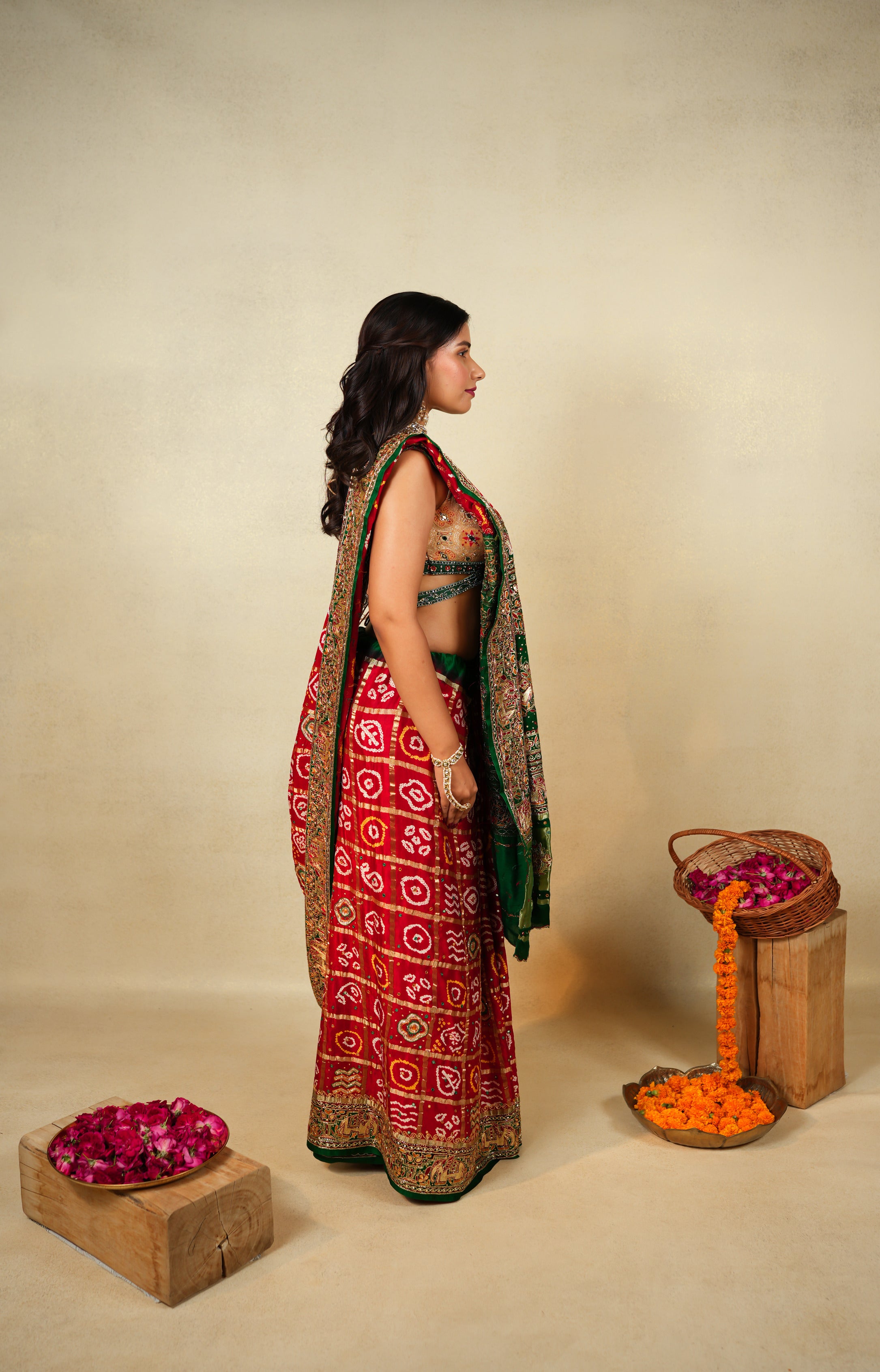 Exquisite Red and Green Bandhani saree