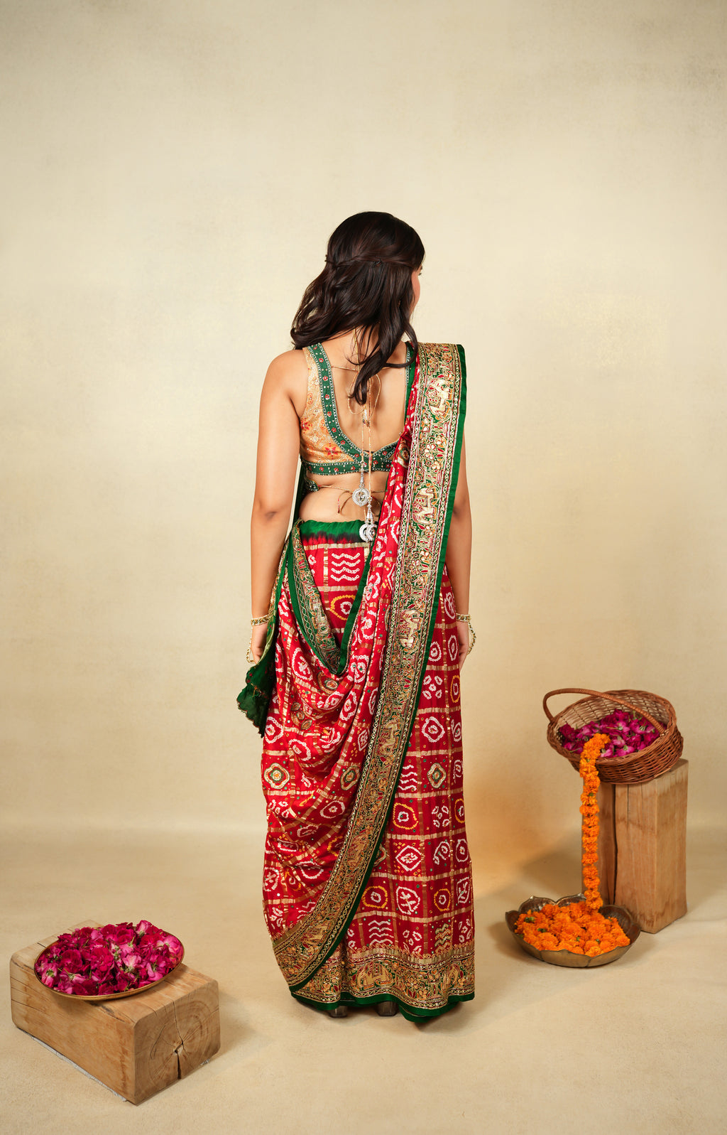 Exquisite Red and Green Bandhani saree