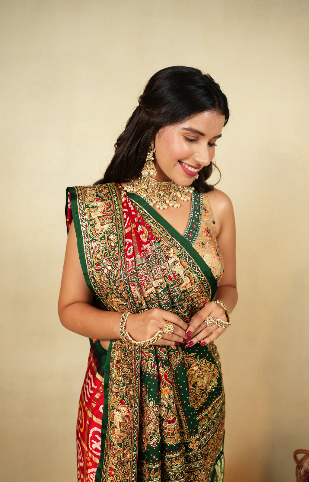 Exquisite Red and Green Bandhani saree