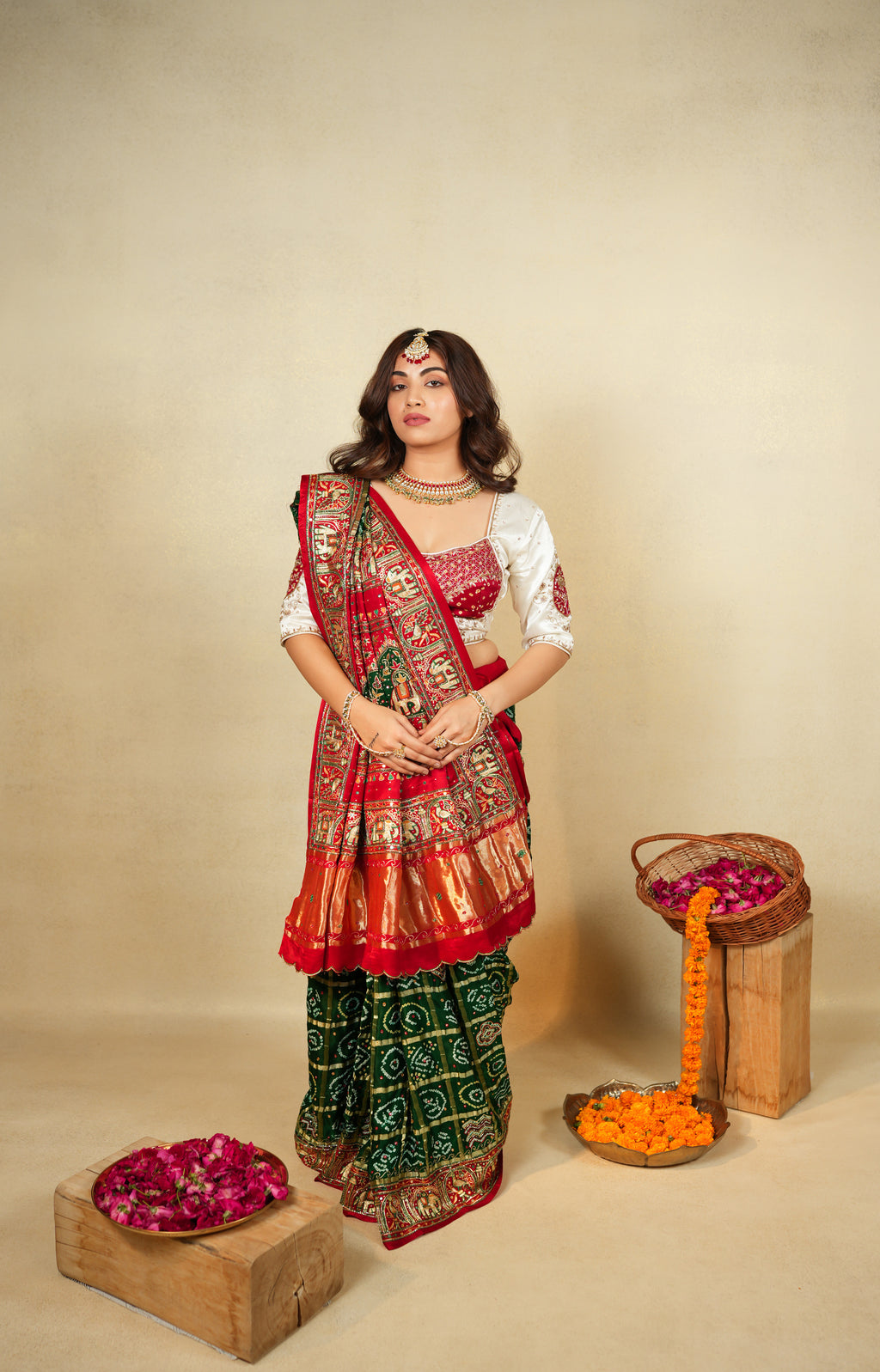 Red and Green Bandhani saree