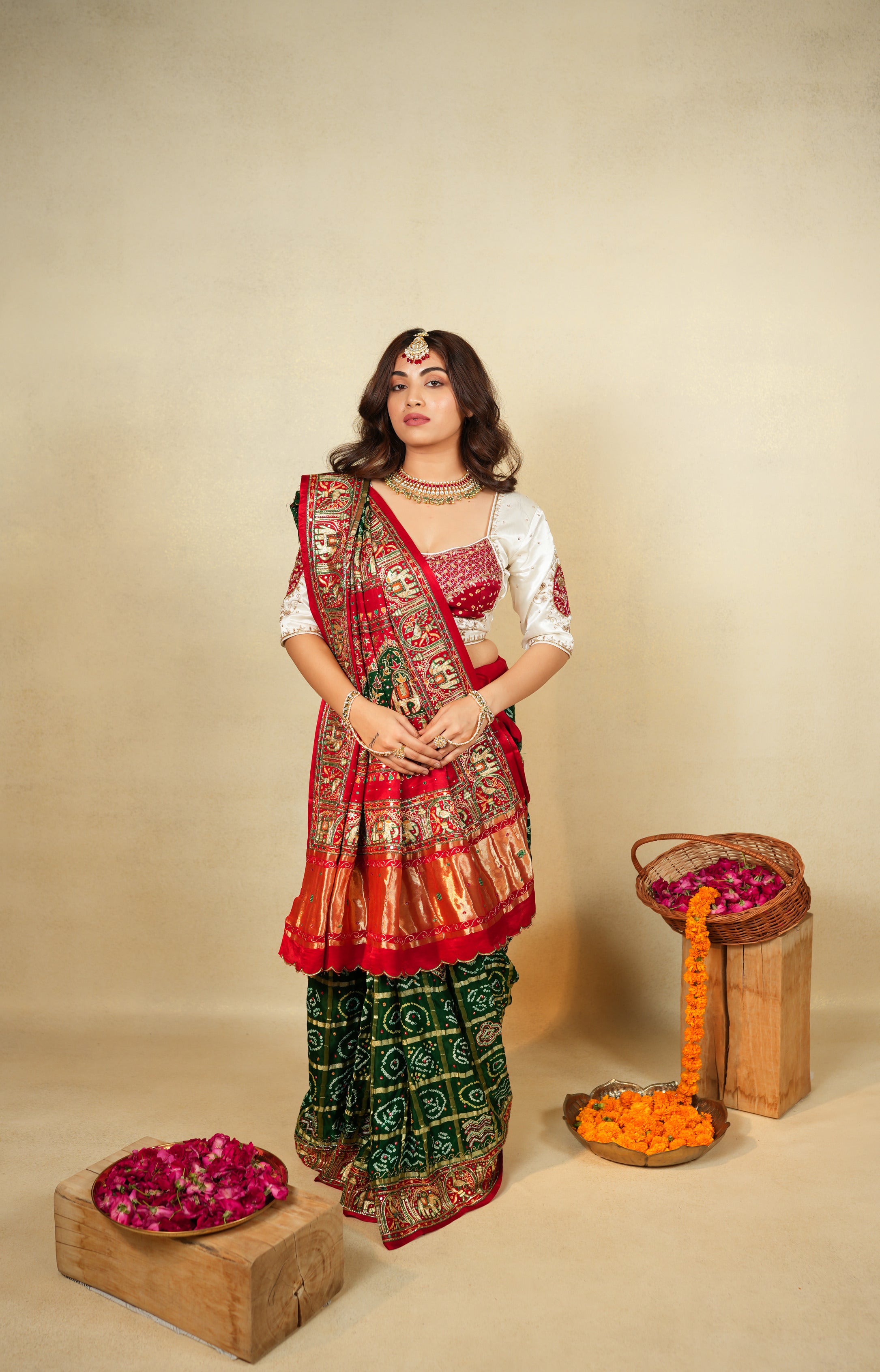 Red and Green Bandhani saree