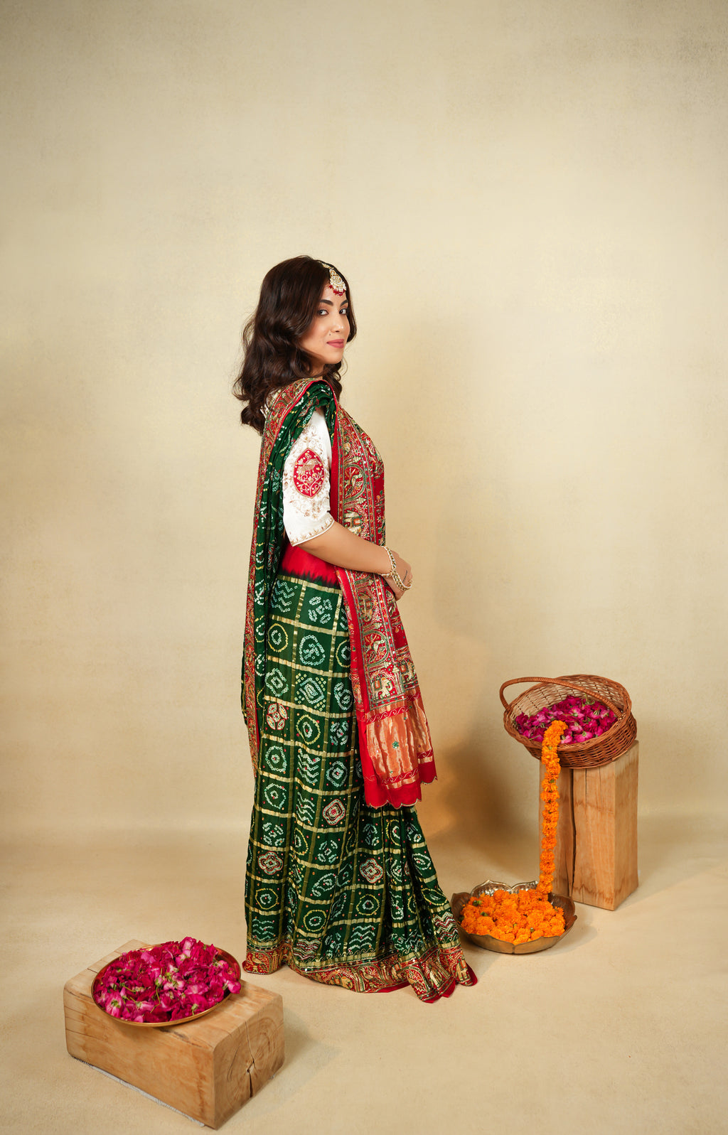 Red and Green Bandhani saree
