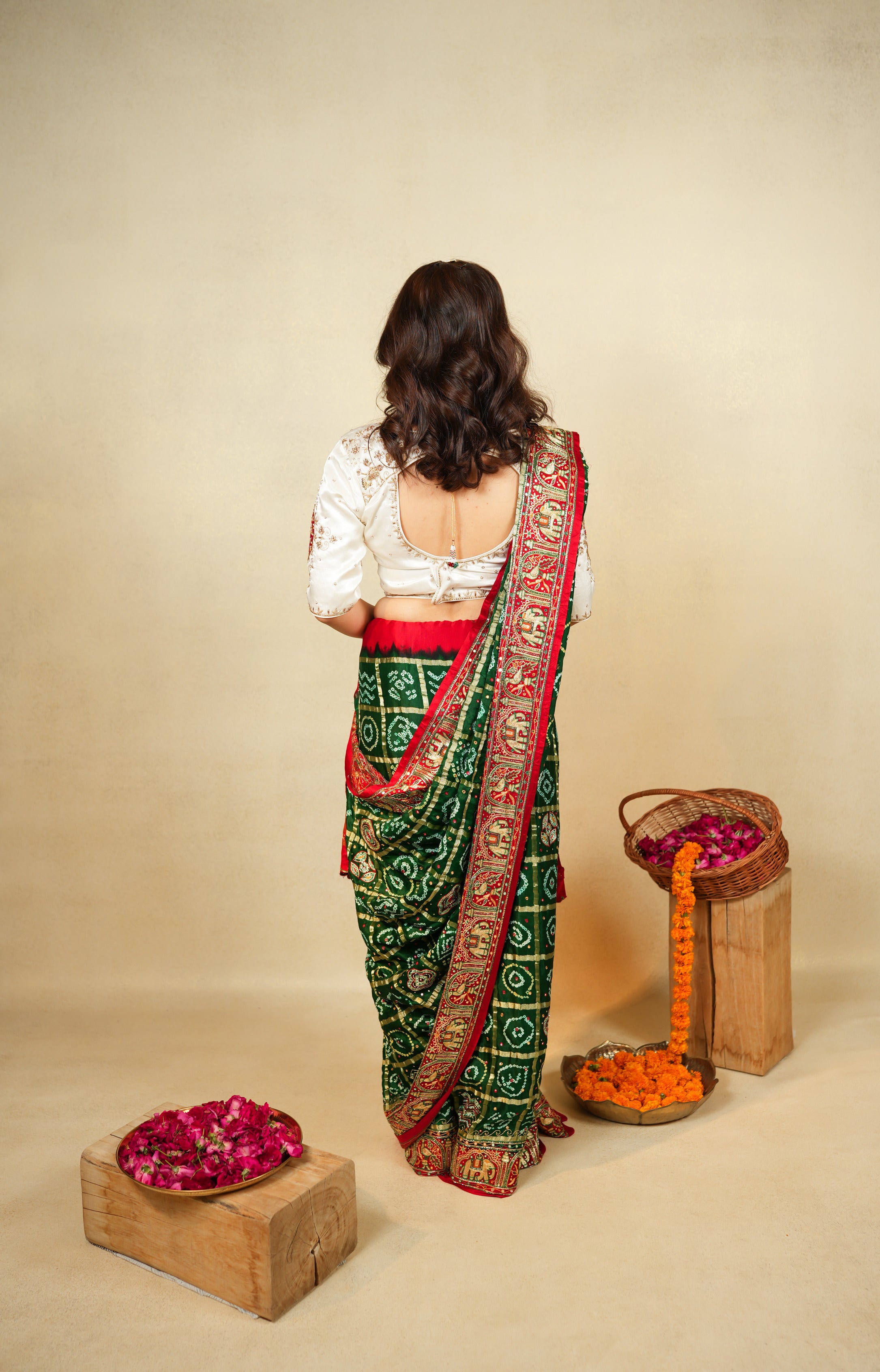 Red and Green Bandhani saree