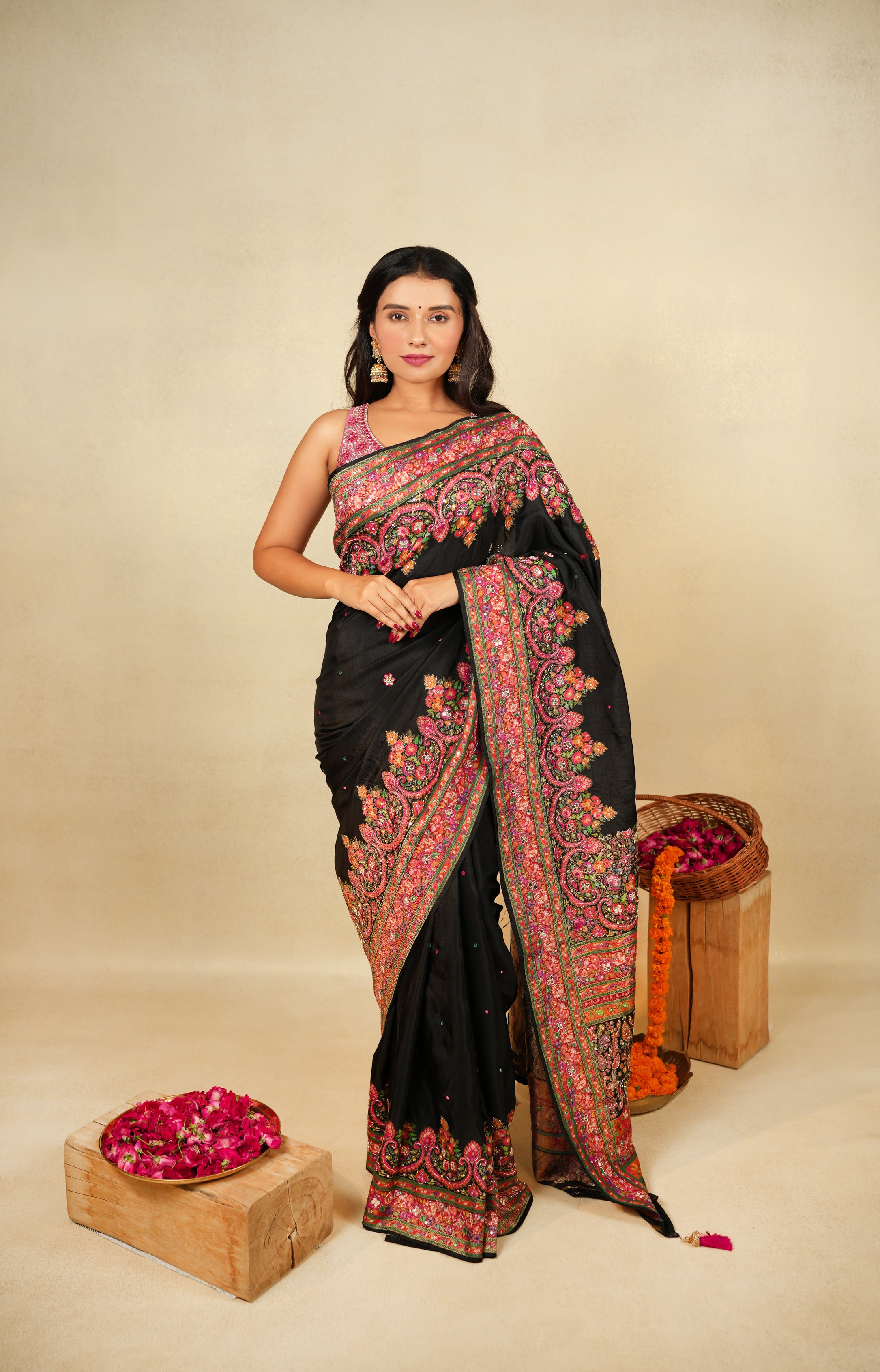 Exquisite Black Embroidered Saree with Matching Work Blouse
