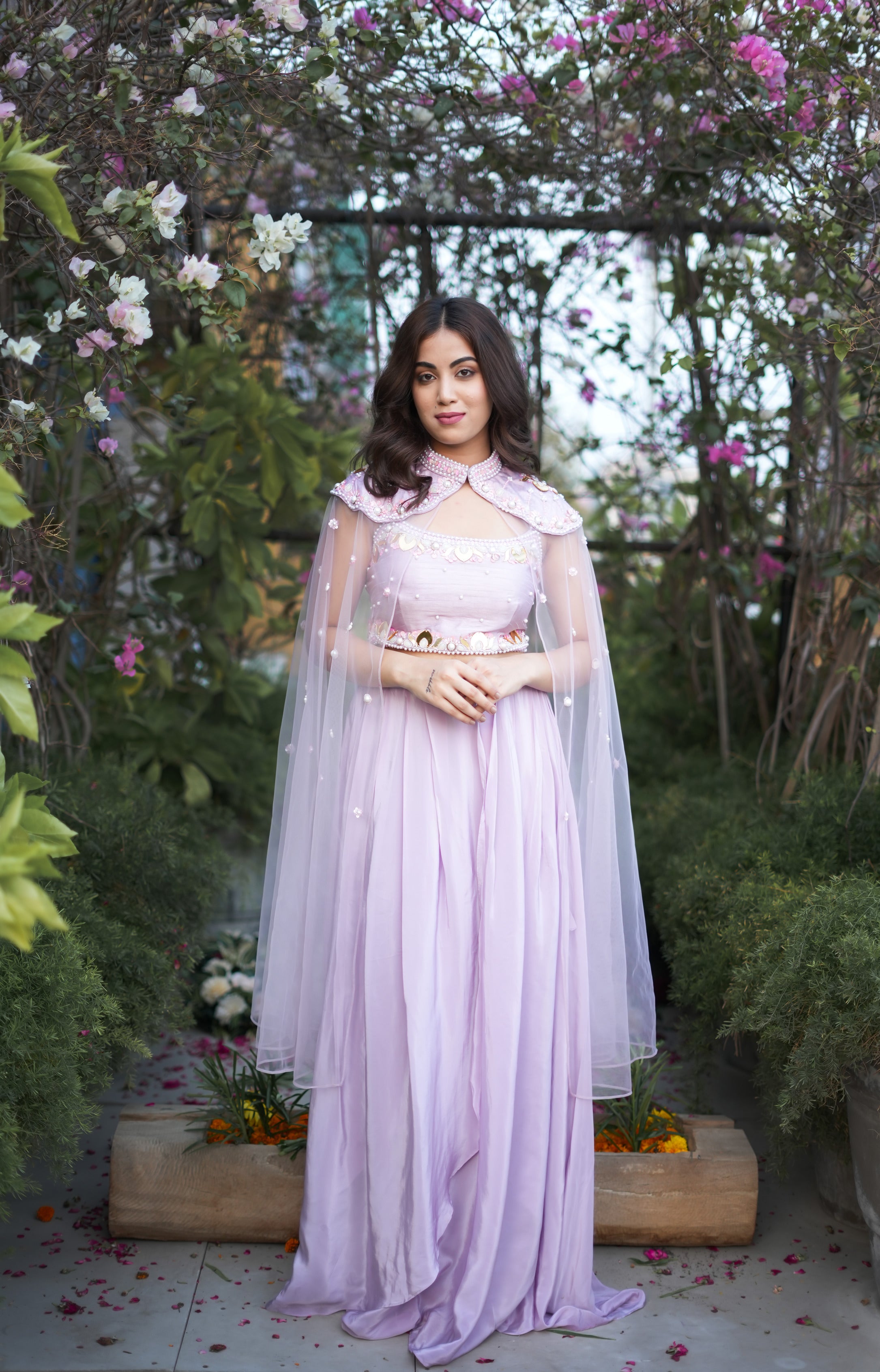 Exquisite Lilac Choli Palazzo Cape Set