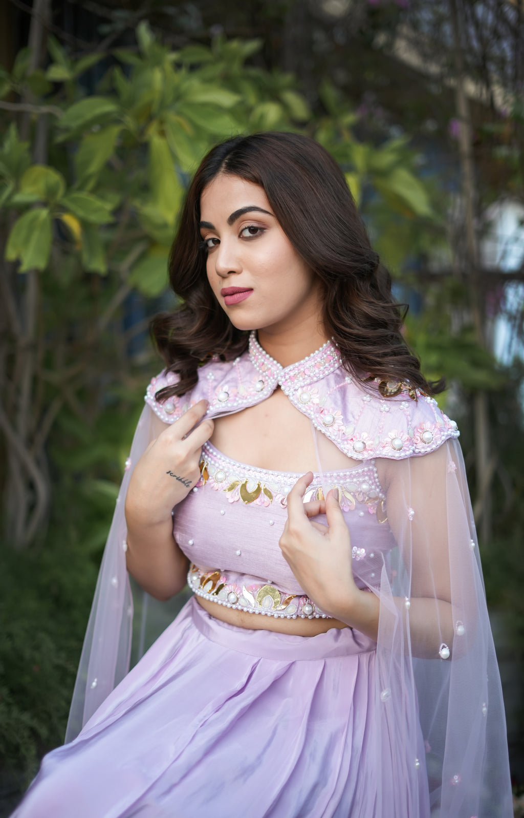 Exquisite Lilac Choli Palazzo Cape Set