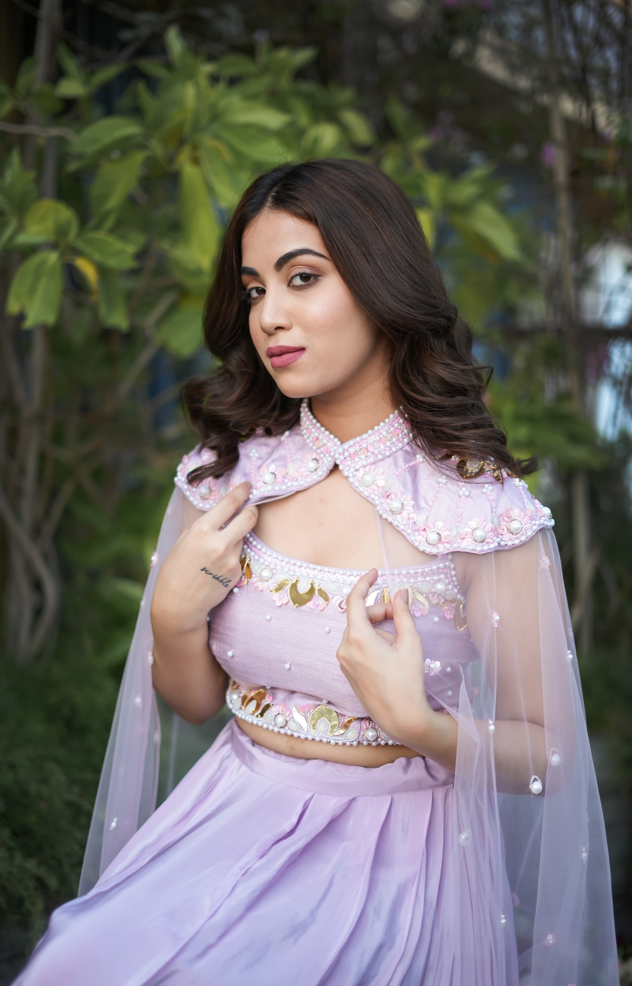 Exquisite Lilac Choli Palazzo Cape Set